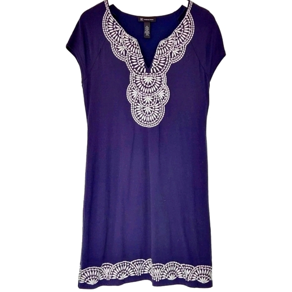 INC INTERNATIONAL CONCEPTS NOSTALGIA Navy White Embroidered Cap Sleeve Dress L - Picture 1 of 6